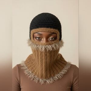 Handcrafted | Hand-Crocheted Two-Tone Balaclava with Textured Fringe